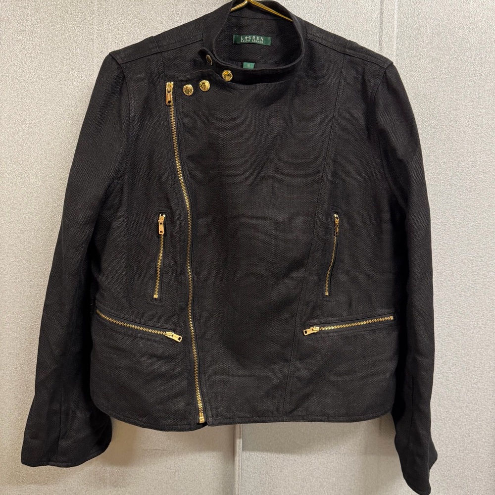 Lauren Ralph Lauren Black Moto Jacket Gold Zippers Asymmetrical Size 16